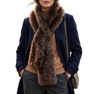 Restoration Hardware Brown Faux Fur Pull Through Scarf Luxe Winter Wrap Chic
